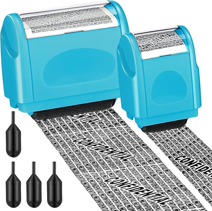 Nezyo 2 Pack Identity Protection Roller Stamp Identity Theft, Confidential, Privacy Roller Stamp Information Blocker and 4 Pack Refill Ink for ID Account Data Address Security(Blue)