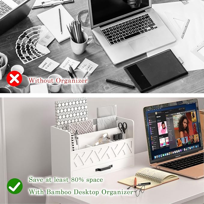 WISUCART Bamboo Mail Organizer Countertop Wood Desk Organizer Drawer Tabletop Storage Box Letter Sorter Makeup Organizer for School Home Office Supplies White