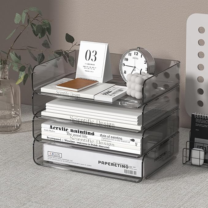 FANXIYQ 4-Tier Acrylic Paper Tray Organizer - Low-Profile Desk File Sorter for Office/Home, Brown Stackable Letter Tray for Bills, Crafts, Notebooks