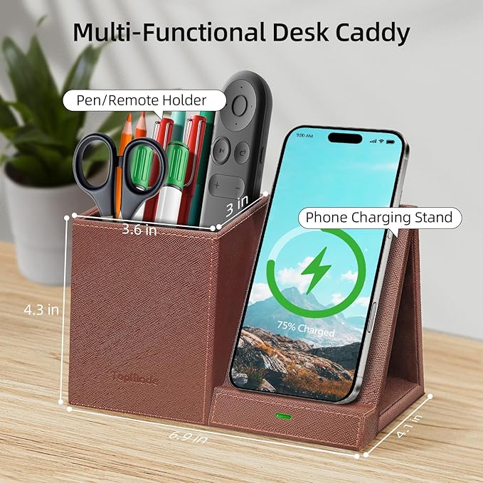 TopMade Wireless Charger with Pen Holder, Multi-functional Desktop Organizer and Storage, Home Office Supplies Desk Accessories, Pencil/Remote Holder with Fast Charging Phone Stand (Brown)