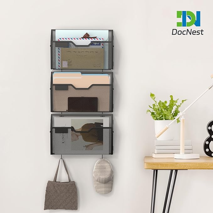 Docnest 6 Pack Hanging Wall File Holders, Mesh Wall Letter File Holder, Wall Mounted Mail Paper Document Folder Holder with Hooks for Office, Home, School, Black