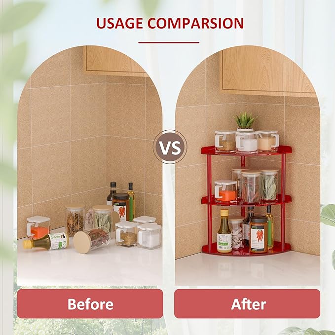 Sezanrpt 3 Tier Acrylic Corner Shelf Organizer Storage 9.5x9.5x15.7 Inch, Red Countertop Corner Shelf for Bathroom, Kitchen, Bedroom, Office, Study Room