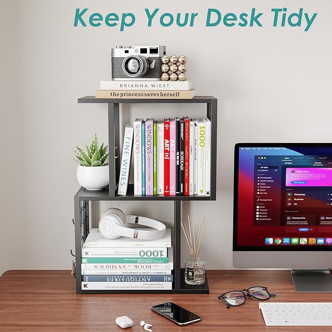 Vfelf Bookshelf Desk Organizer，3-Tier Shelf for Top of Desk Workspace Organizers for Office Accessories, Black