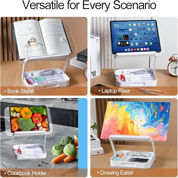 ZOEY Acrylic Book Stand for Reading Adjustable Book Holder with 360 Rotating Base and Storage Foldable Desktop Riser Stand for Cookbook Laptop Tablet Textbook Music Score with Page Clip 13.4x9.3x2.8in