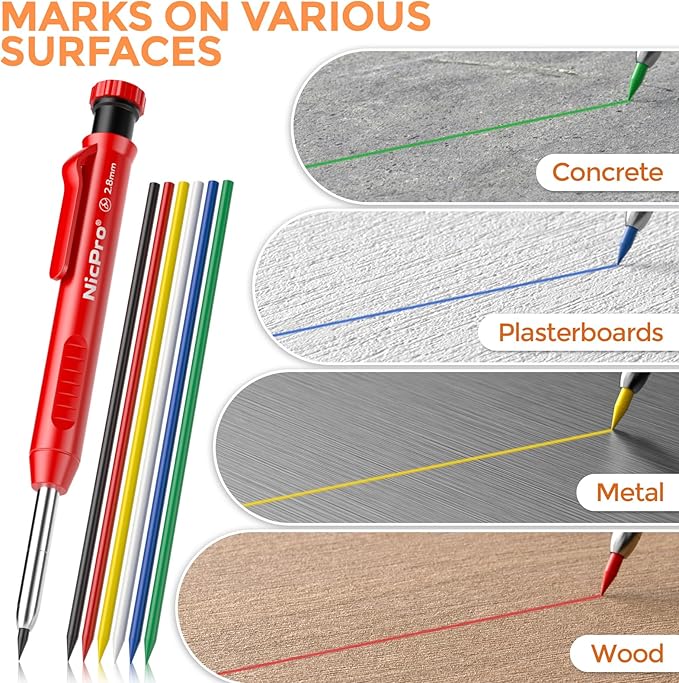 Nicpro 60 PCS Carpenter Pencil Refills - 2.8mm Lead for Mechanical Pencils, Construction & Woodworking - Break Resistant (Black, Red, Yellow, Green, Blue, White)