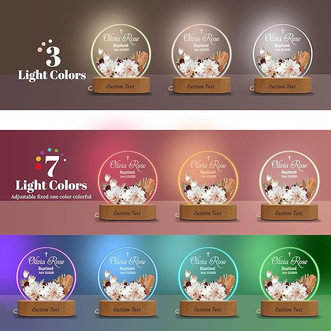 7GEEFT Personalized Baby Gifts for Kids, Custom Flower Acrylic Sign Plaque with Name Night Light for Boys Girls, Baby Shower Newborn Baptism Christening Gifts, Children's Bedroom Nursery Room Decor