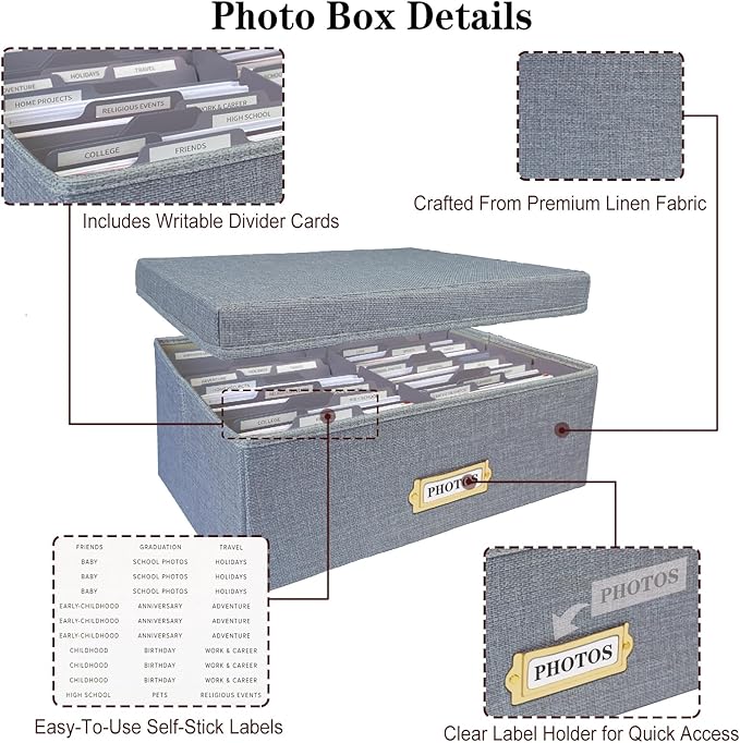 Sprsthai Linen Photo Storage Box – Holds 1700 Photos, 24 Adjustable Dividers & 72 Labels Multi-Use Organizer for Photos, Envelopes, Recipes Beige