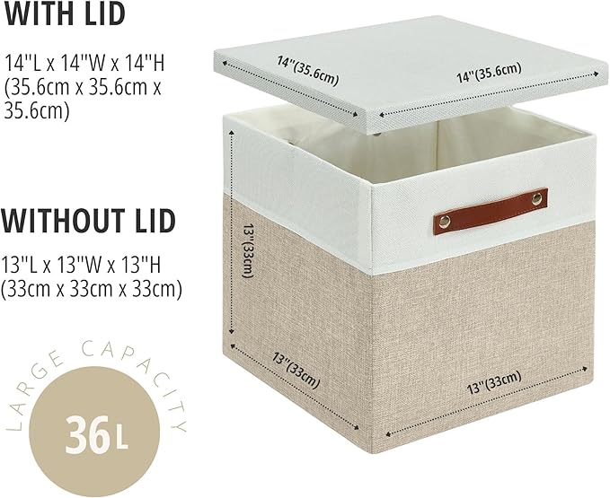 DECOMOMO Storage Basket with Lid, Storage Cubes with Handles, Fabric Box with Lid (Beige and White, 13” / 3 Pack)