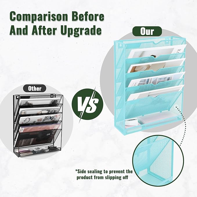 EASEPRES 6 Tier Mesh Hanging Wall File Organizer, Desk Vertical Mail Paper Document Folder Holder Rack with Bottom Tray and Nametag Label for Office Home School, Blue