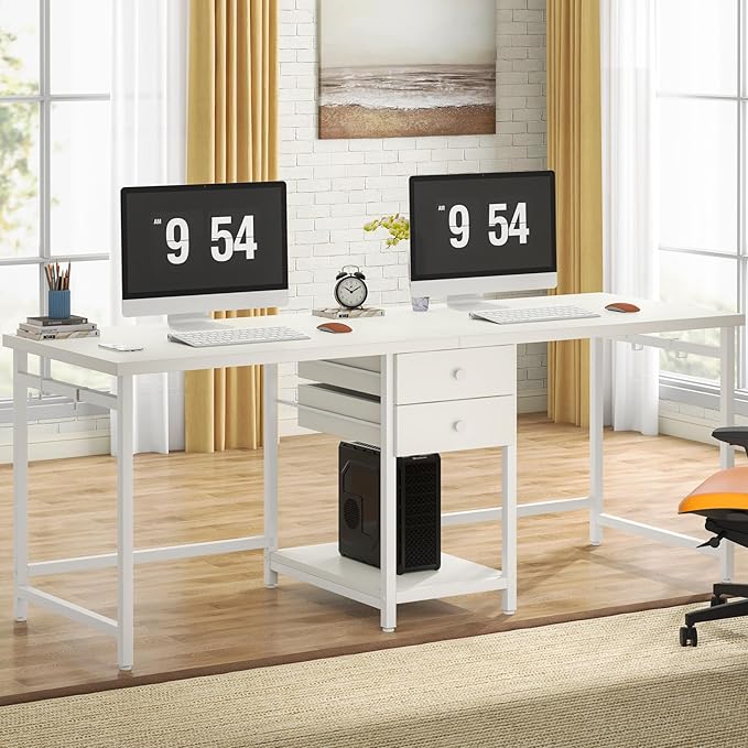 Tribesigns 79 Inch Extra Long Double Desk with 2 Drawers, Two Person Computer Desk with Storage Shelves, Writing Table Study Desk for Home Office, White
