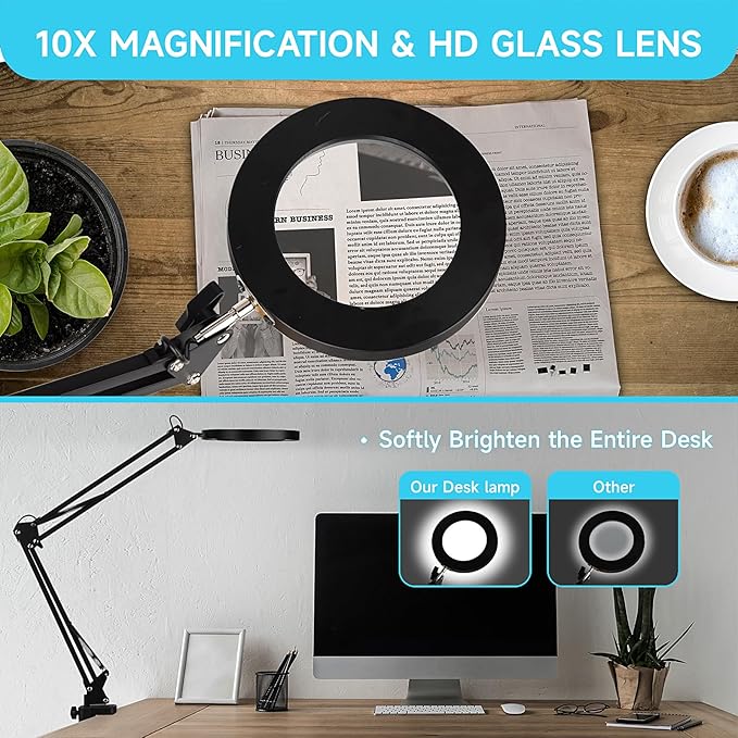 LED Magnifier Desk Lamp with Stand, 3 Color Modes & Stepless Dimming 5-Diopter Glass Lens, Adjustable Swivel Arm - Magnifying lamp for Close Work, Repair, Crafts, Reading - Long