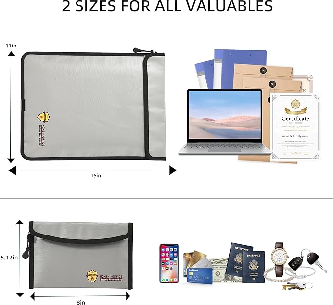2 Pcs Fireproof Waterproof Document Bag(2000℉) – Fire & Waterproof Money Pouchfor for Cash w/Zipper – Safe Storage for A4/A5 Documents Holder, File, Cash, Jewelry, Passport, Tablet, Laptop