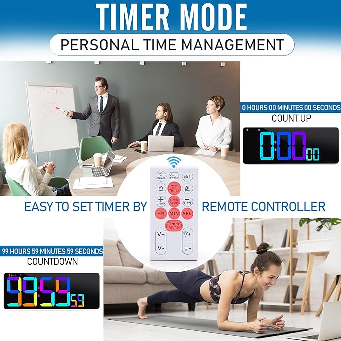 KMMKGG Large 13.7" LED Digital Timer（5''Nunmber）, 11 Color Changing, Count Up/Down Timer with Remote Control, Adjustable Brightness Wall Clock for Home, Office, Gym, Elderly, Auto DST