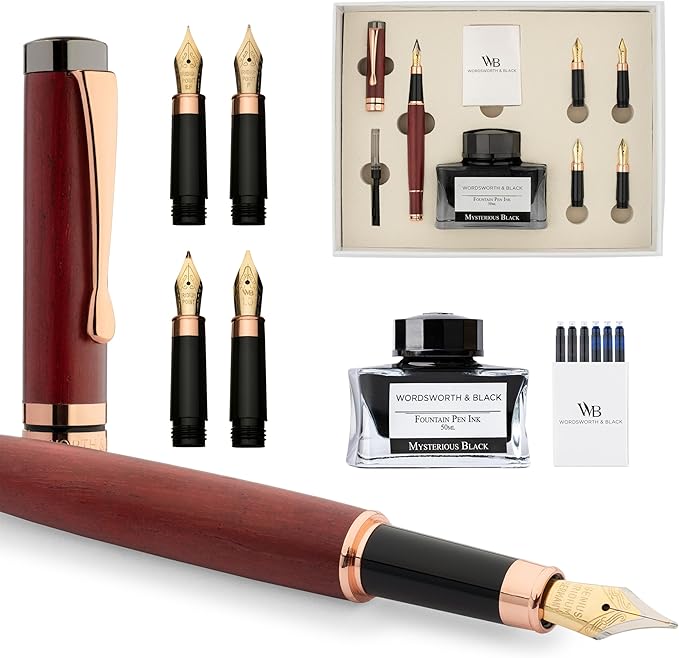 Wordsworth & Black Fountain Pen Gift Set, Includes Ink Bottle, 6 Ink Cartridges,Refill Converter, 4 Replacement Nibs, Luxury Bamboo, Journaling, Calligraphy, Smooth Writing Pens [Violet Wood]