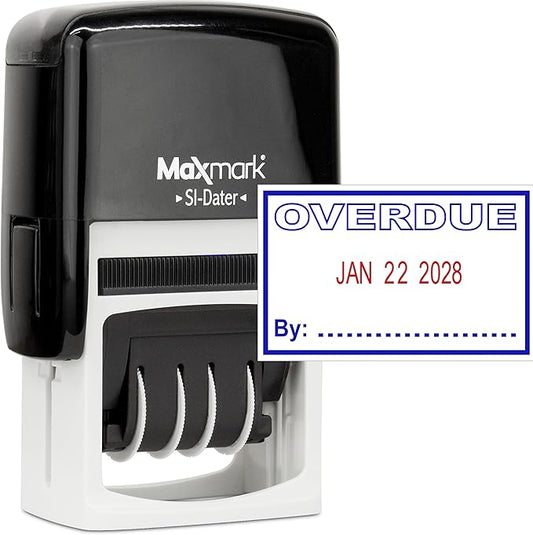MaxMark Office Self Inking Date Stamp with Phrase Overdue - 2 Color Blue/Red Ink