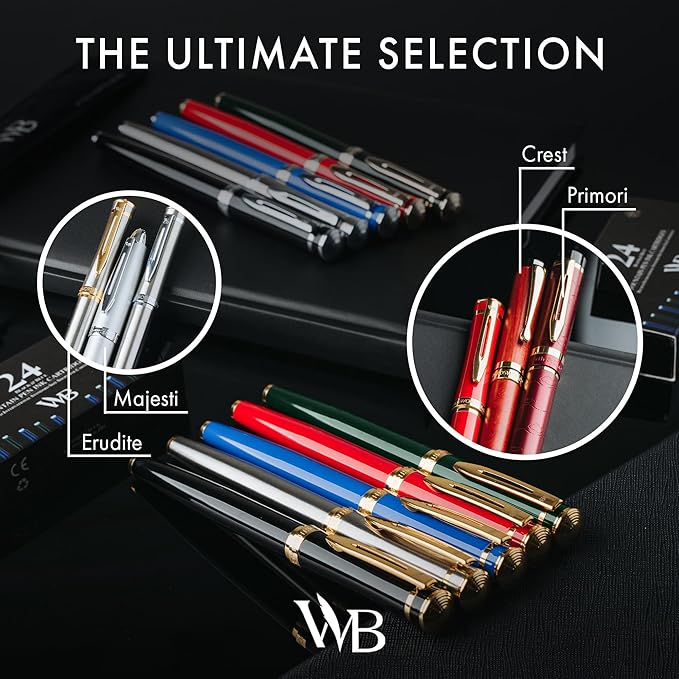 Wordsworth & Black Fountain Pen Set, Medium Nib, Includes 24 Pack Ink Cartridges, Ink Refill Converter & Gift Pouch, Chrome Finish, Calligraphy, [Racing Green], Perfect for Men & Women