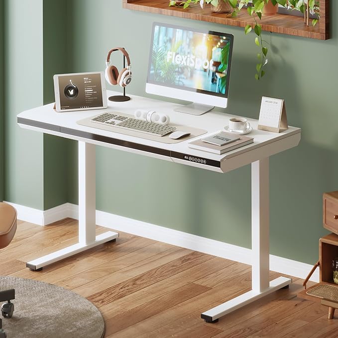 FLEXISPOT One-Piece 48" Standing Desk with Acrylic-Front Drawer, Fast-Assembly Ergonomic Sit-to-Stand Desk with MDF Top, 4 Height Memory Presets Touch-Control, Home Office Computer Workstation, White