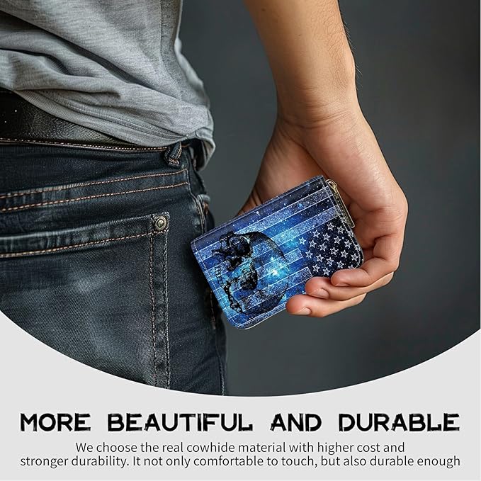 BWEGRHE Cute Credit Card Holder with Zipper, Blue Skull Flag RFID-Blocking Card Case Small Wallet for Women Men, Multi-slot Card Organizer Case Travel Accordion Wallet