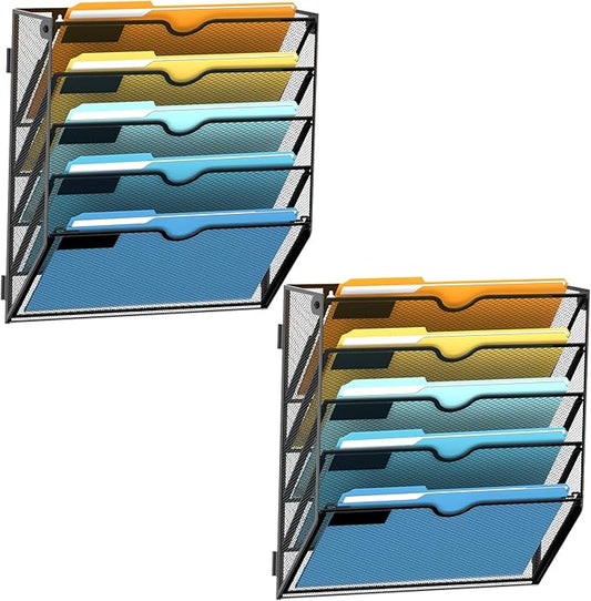 SUPEASY 5-Tier Wall File Holder Organizer with Hooks, Mesh Hanging File Organizer, Mail Organizer Wall Mounted for Papers, Folders, Office Magazine Rack, Black, 2Pack