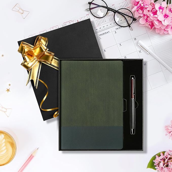 TSFPapier A5 Lined Notebook with Pen & Gift Box 216 Pages PU Leather Journal for Women Men 100GSM Thick Paper College Ruled Notebook for Christmas Gifts, School,Travel,Business,Work,Home Writing (Dark Green)