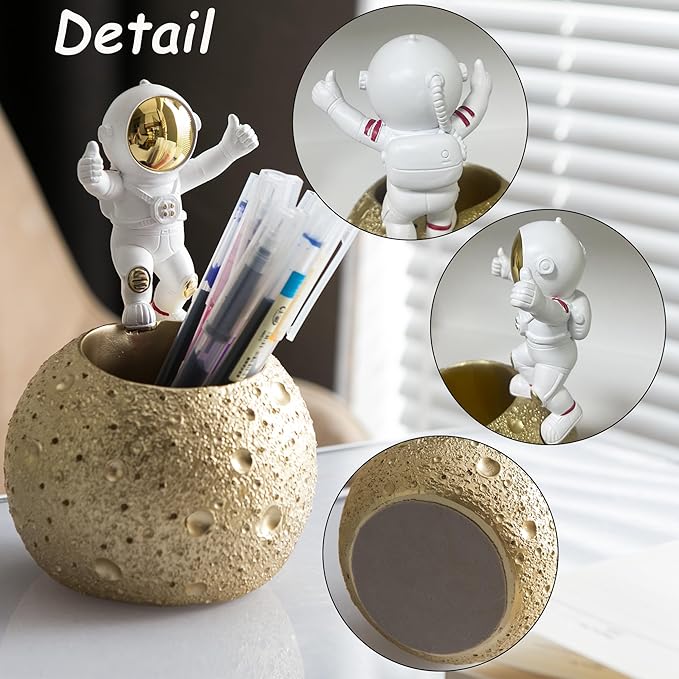 Kimdio Pen Holder, Astronaut Stand for Desk Pencil Holder, Resin Desk Moon Organizer Decorative Accessories Ideal Gift for Office, Classroom, Home - Gold