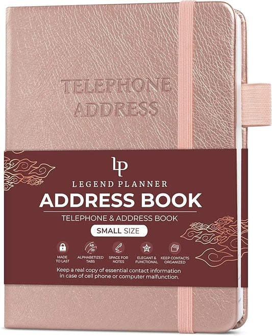 Legend Planner Address Book with Alphabetical Tabs – Mini Telephone Contacts Book for Phone Numbers, Addresses, Passwords, Small (Rose Gold)