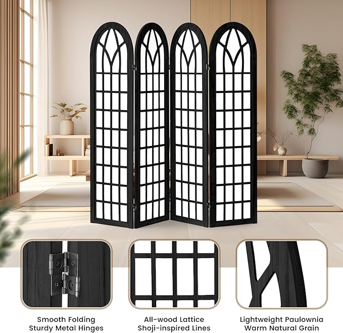 ALeesing Folding Room Divider Privacy Screen Freestanding 4-Panel Shoji Style Wooden Frame Decorative Partition Wall for Bedroom Office Apartment Black