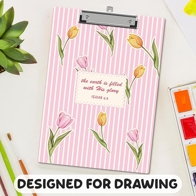 APIILVPQ Tulip Clipboard, Bible Verse Clipboards with Low Profile Clip for Office School Use, Pink Flower Wooden Clip Boards for Nurses Teachers Students - B01