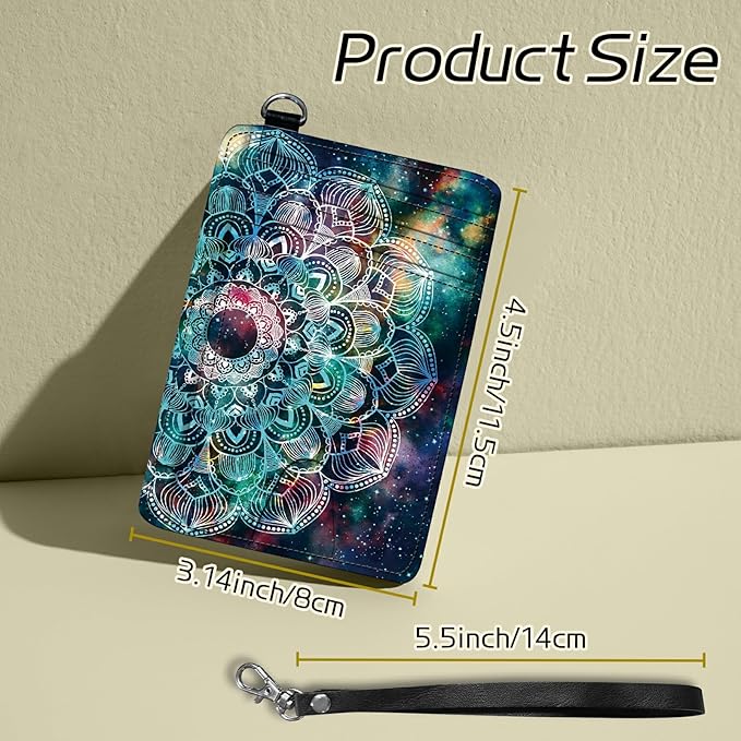 BWEGRHE Small Travel Wallets, Art Mandalas Slim Minimalist Front Pocket Wallet with Wristlet, RFID Blocking PU Leather Credit Card Holder with ID Window Change Purse for Men Women