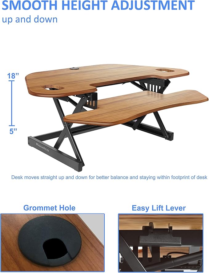 Rocelco 46" Height Adjustable Corner Standing Desk Converter with Dual Monitor Arm BUNDLE - Quick Sit Stand Up Computer Workstation Riser - Extra Large Keyboard Tray - Teak Wood Grain (R CADRT-46-DM2)