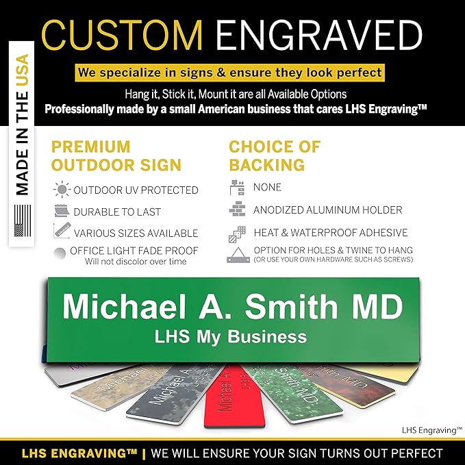 Custom Name Plate for Doors, with Choice of Mounting Holders for Walls, Doors, Cubicles, Hanging and More - Personalized Green Plastic White Letters - USA Made 2x6 - B6