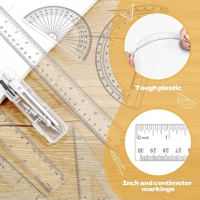 Geometry Set - 7Pcs Geometry Kit with Clear Plastic Ruler 12Inch & 6Inch, Triangle Ruler, Protractor and Compass Set for School Office Math Drawing Drafting Engineering Architecture Art