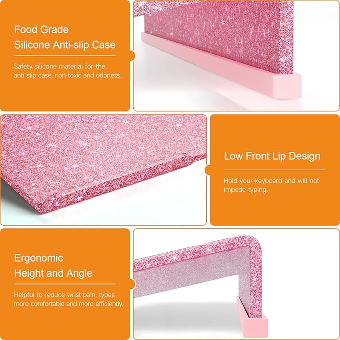 BEEGO Ergonomic Computer Keyboard Stand - Glitter Pink Acrylic Keyboard Riser Tilted Keyboard Holder Keyboard Tray with Pink Non-Slip Strip for Easy Typing at Home School Office Desk Accessories