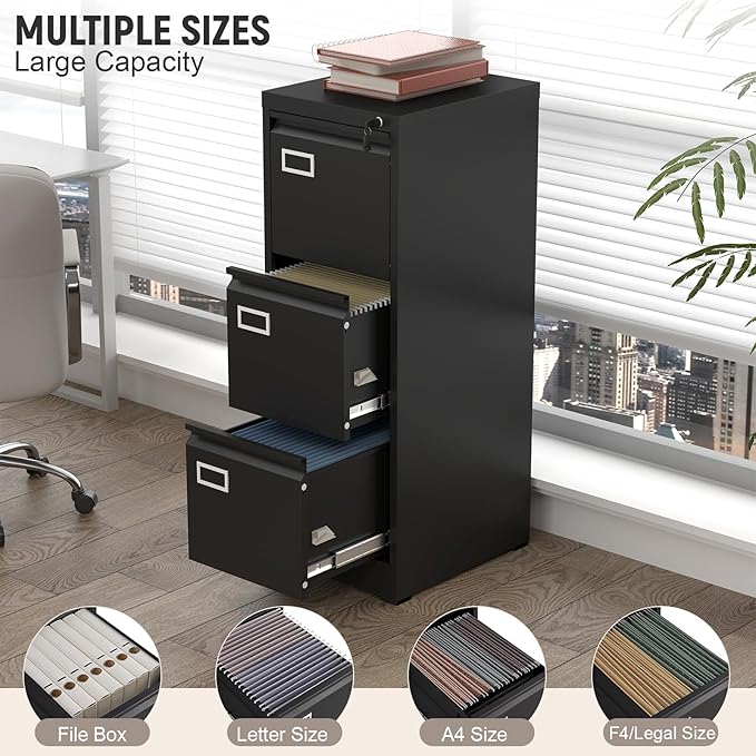 Lockable Vertical Metal File Cabinet 3 Drawer, Steel Filing Cabinet for Home Office Organization, High Capacity Storage for Letter/Legal/A4 Size, Black Office Cabinet, 17.7" D x 14.6" W x 40.9" H