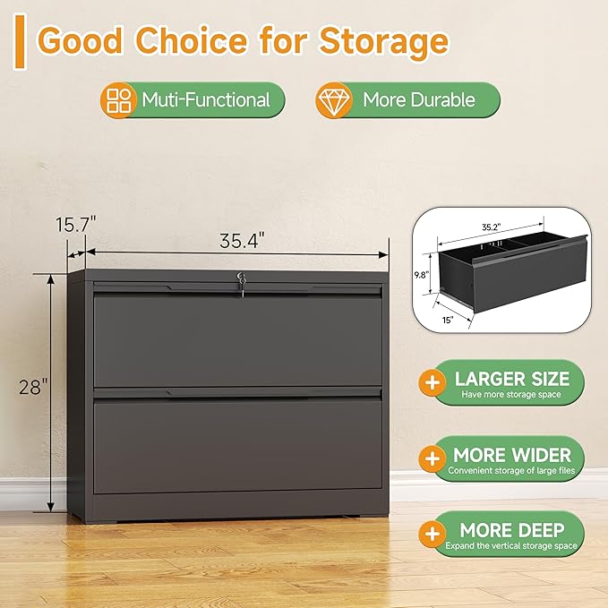 LONGLINK 2 Drawer Lateral File Cabinets with Lock,Metal Filing Cabinet for Home Office,Wide Office Storage Cabinet with Hanging Bars for A4 Legal/Letter Size(Easy Assembly)