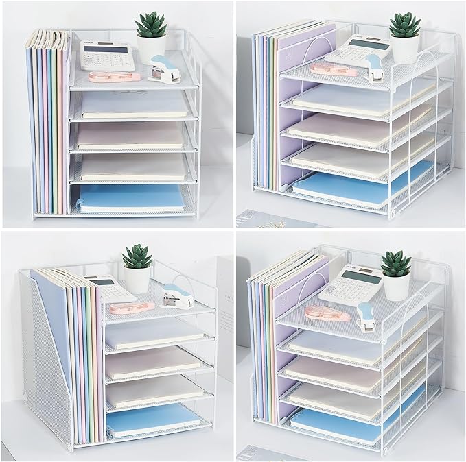 LEKETREE Desk Organizers and Accessories, 5-Tier Paper Letter Tray Organizer with File Holder, Desktop Organizer for Office Supplies (White)
