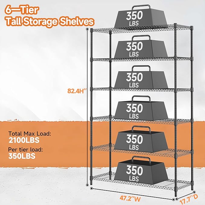 M MZG 6 Tiers Storage Shelves Load 2100LBS, Metal Shelving Wire Metal Shelving Unit Shelves for Storage Adjustable Garage Shelving for Pantry Kitchen Garage Black 17.7" D x 47.3" W x 82.4" H