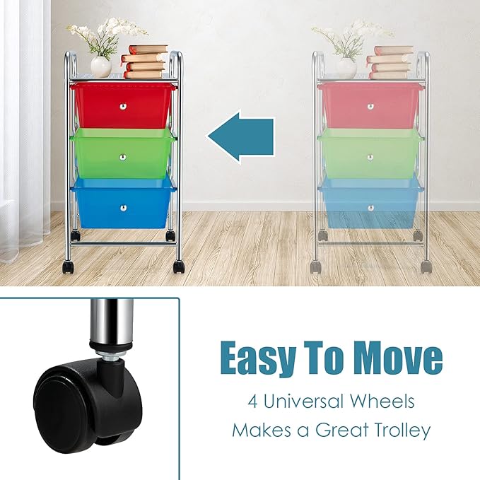 Giantex Rolling Cart with Drawers, Craft Organizer with Wheels, 3 Drawer Storage Container Bins for Back to School Office Scrapbook Paper Tools Multicolor