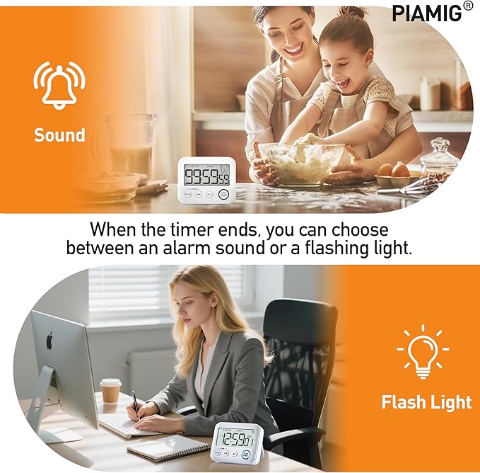 PIAMIG Digital Kitchen Timer Alarm Clock for Cooking, Large LCD Display Multi-Function, Strong Magnetic with Loud Alarm, Digital Timer for Kids,Teachers,Classroom, Exercise or Work (White)