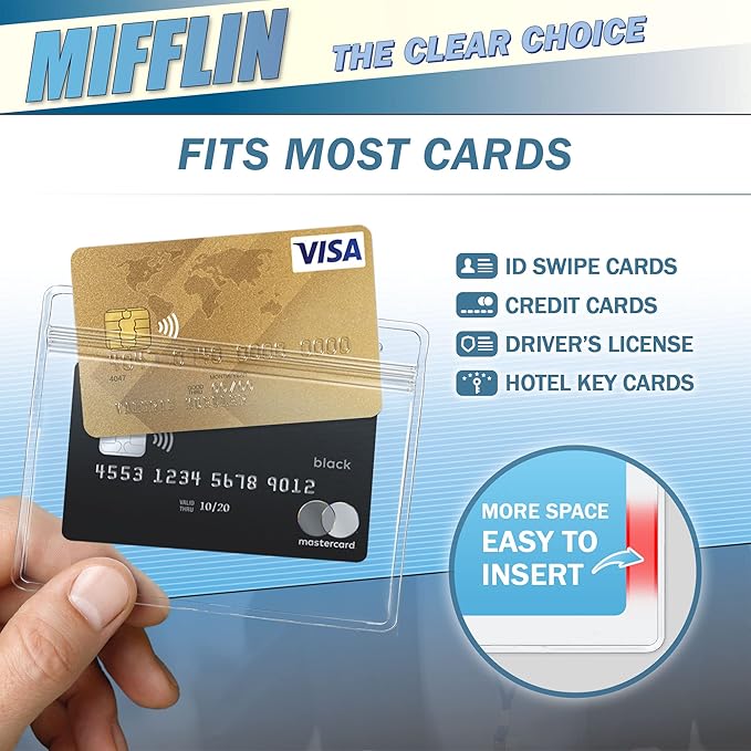 Mifflin-USA Horizontal Card Protector with Metal Clip and Vinyl Straps (Clear, 4x3 Inch, 100 Pack), Waterproof PVC ID Name Badge Holder with Clip