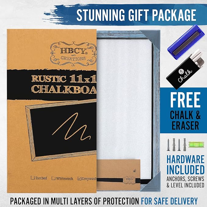 HBCY Creations 11" x 17" Rustic Blue Solid Wood Frame Wall Chalkboard, Magnetic Surface, Home Décor, Restaurant & Café Menus, Blackboard, Includes Chalk, Eraser & Hanging Hardware