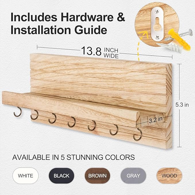 Lwenki Decorative Key Holder for Wall with Shelf, Entryway Shelf with Hooks Holds Leashes, Jackets and Glasses – Sturdy Wood Keyholder Entrance Hanger with Mounting Hardware (Wood, Large)