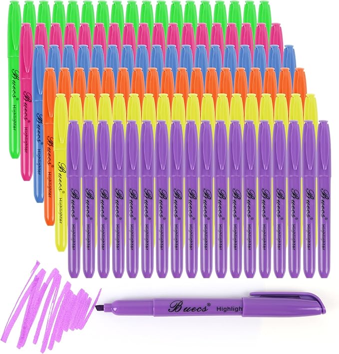 Buecs Highlighters Bulk Pack, 108 Count, Assorted Colors, Chisel Tip, suitable for Adults Highlighting Planner Notes, Office School Supplies