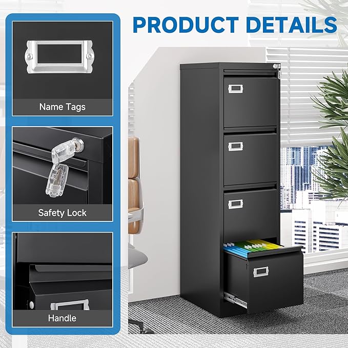 BYNSOE 4 Drawer File Cabinet with Lock Metal Vertical File Cabinet Office Home Vertical File Cabinet for A4 Legal/Letter Size Narrow File Cabinet Locked,Assembly Required (Black, 4 Drawers- Vertical)
