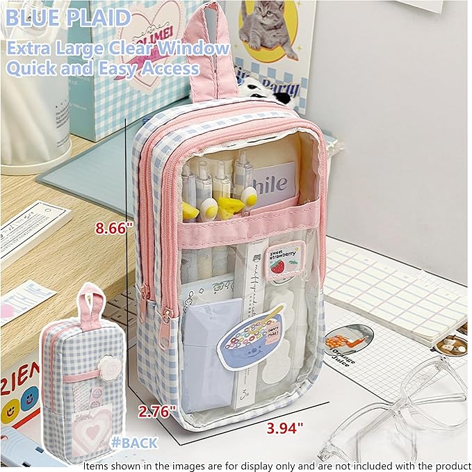 UINSUE Cute Pen case Adorable Bunny Transparent 3-Layer Large Capacity Pencil Case Gadget organizer with Lovely Stickers (Blue Plaid)