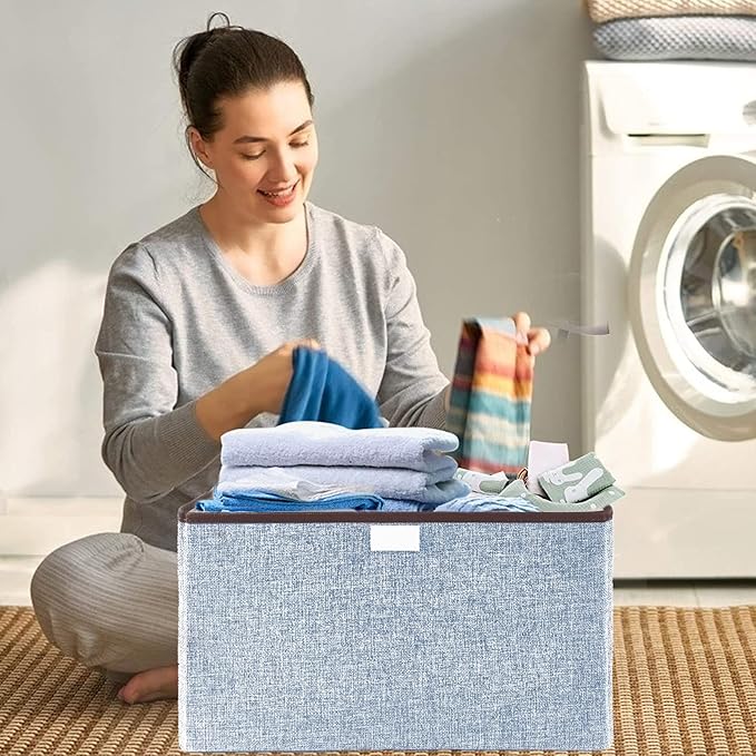 Bagnizer Foldable Storage Bins with Lids, Decorative Storage Baskets, Large Storage Boxes for Home, Office, Bedroom, Closet, Blue, Medium, 4 Pack 14.6 x 9.5 x 9.5”