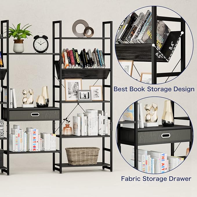 NUMENN Triple Wide 5 Tier Bookshelf, Adjustable Rustic Industrial Style Book Shelves, Modern Bookcases and Bookshelves Furniture for Bedroom, Living Room and Home Office, Elegant Black
