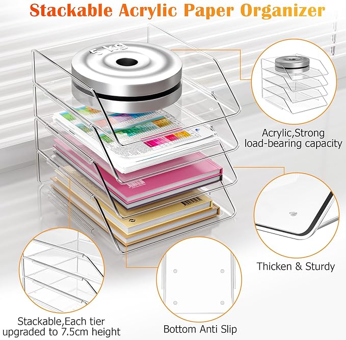 YKLSLH Simple 4 Tier Paper Organizer Letter Tray - Acrylic Stackable Desk File Organizer, Clear Paper Sorter Office Organizer for Letter/A4, Office File Ipad Books Notes Etc