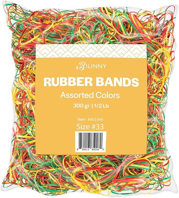Bilinny Rubber Bands - Size 33 - Standard Office Supplies - Thick Rubber Bands - 300 Colorful Bands (Green, Red, Yellow) - 1/2 Lb - Made in USA