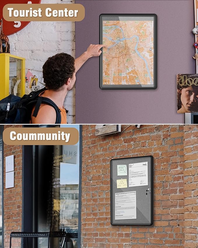 Mifuro 26"x20" Enclosed Bulletin Board, Lockable Weather-Resistant Aluminum Cork Noticeboard for School & Office, Black Frame w/Grey Flet
